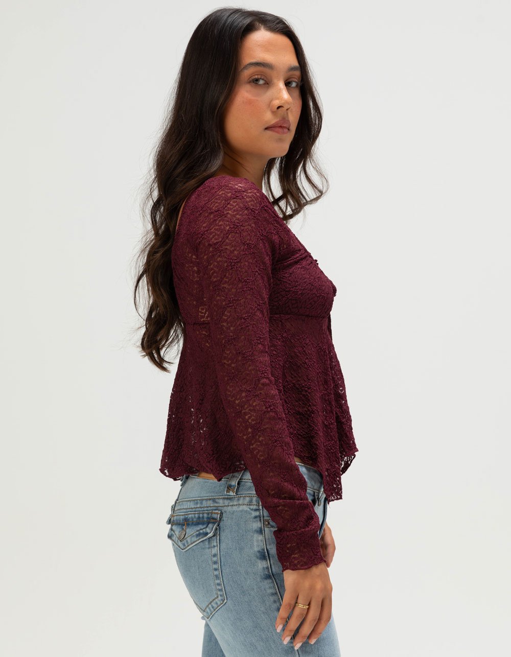 FULL TILT Lace Womens Babydoll Top - BURGUNDY