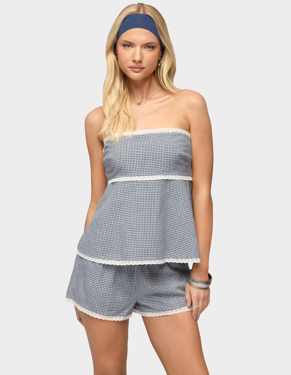 EDIKTED Ellie Lacey Ginghman Strapless Top - NAVY