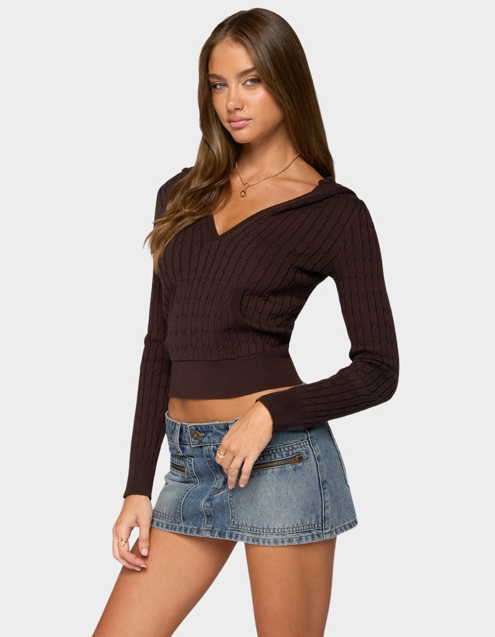 EDIKTED Kimani Cable Knit Hooded Sweater - BROWN