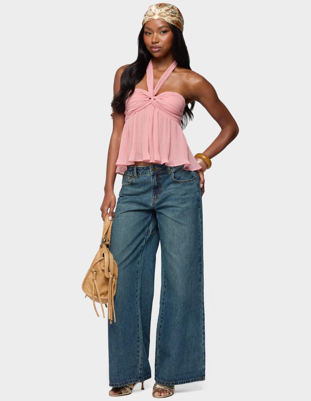 EDIKTED Pleated Chiffon Babydoll Halter Top - PINK