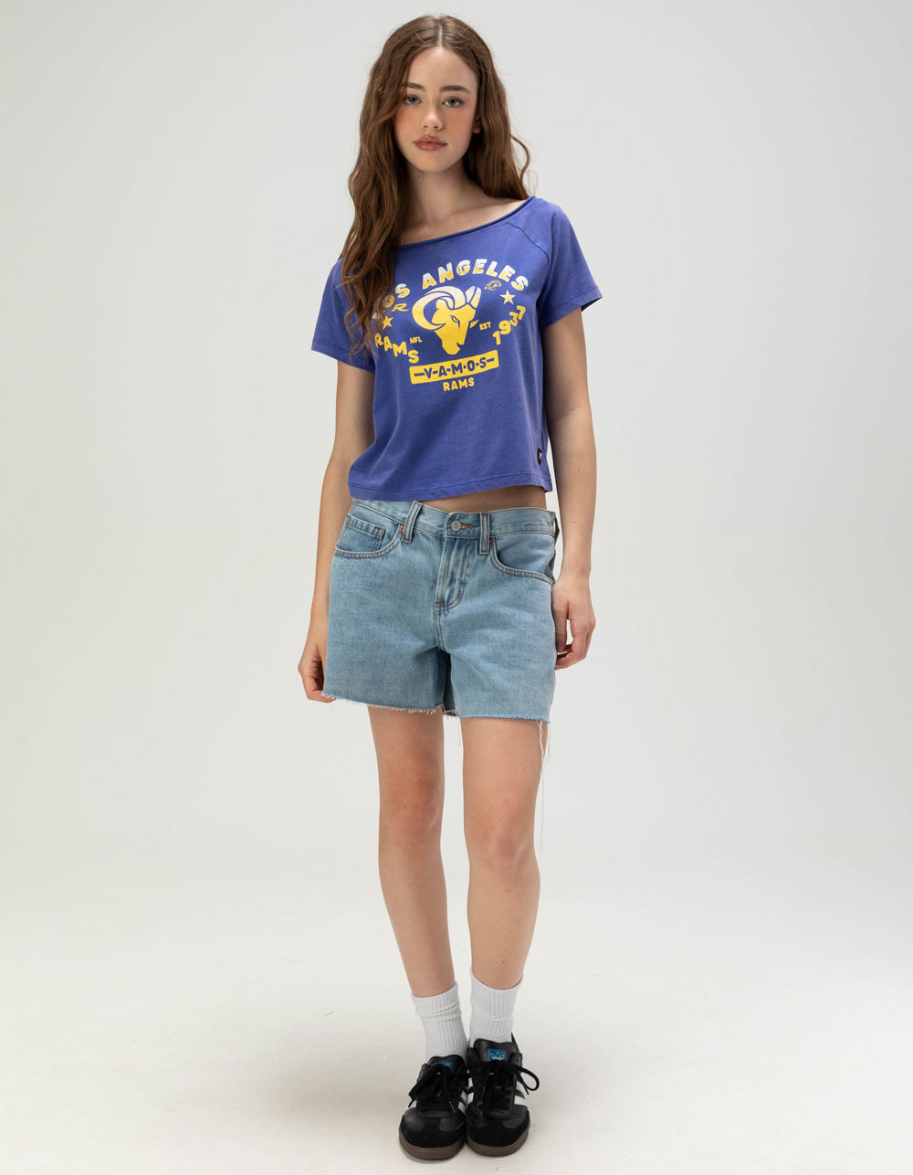 The WILD COLLECTIVE Los Angeles Rams Womens Off Shoulder Tee - BLUE