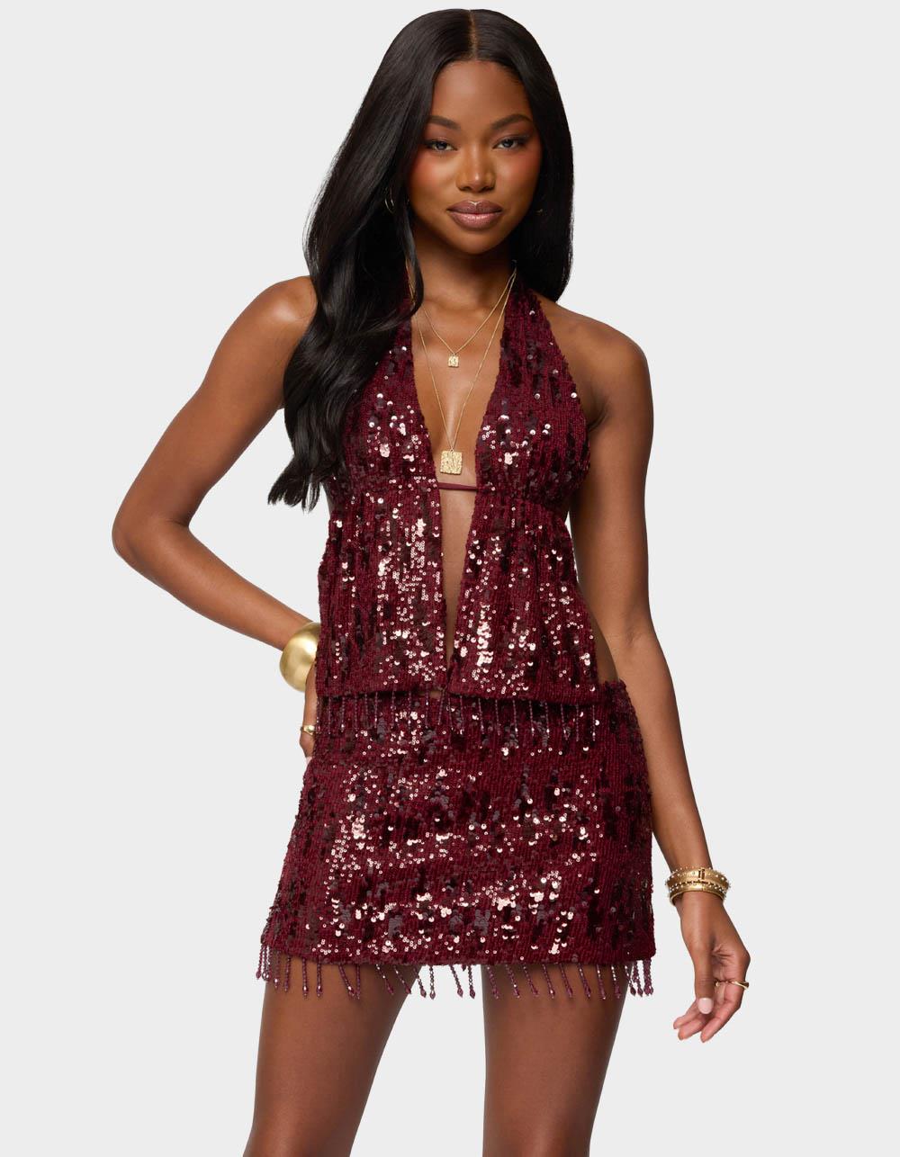 EDIKTED Dalis Fringed Sequin Split Front Top - DK RED