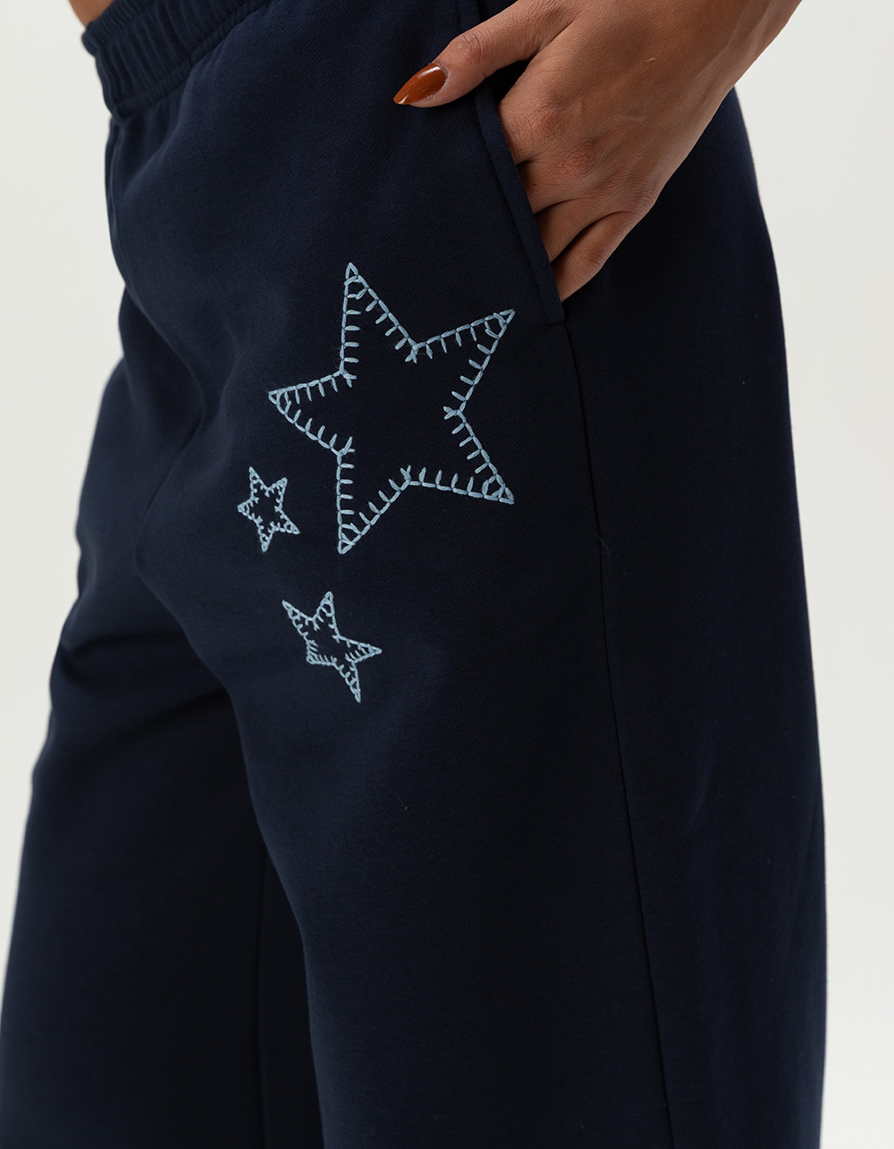 FULL TILT Embroidered Star Womens Wide Leg Sweatpants - NAVY COMBO