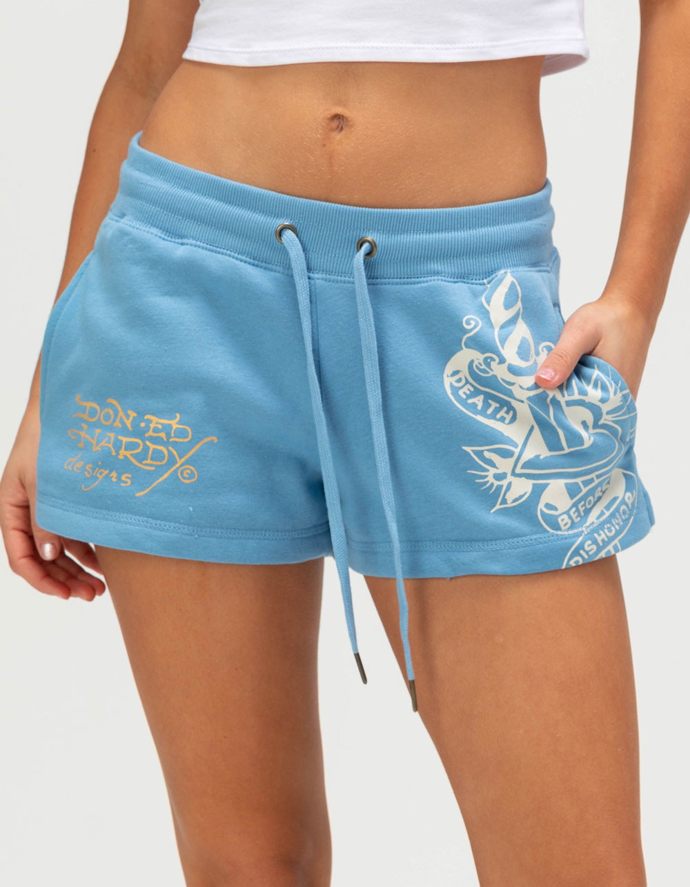ED HARDY Flower Skulls Womens Fleece Shorts - BLUE