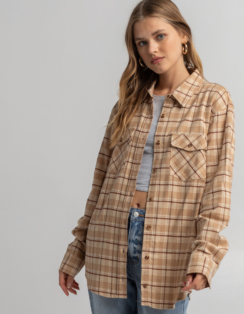 RSQ Womens Oversized Flannel Shirt TAN Tillys