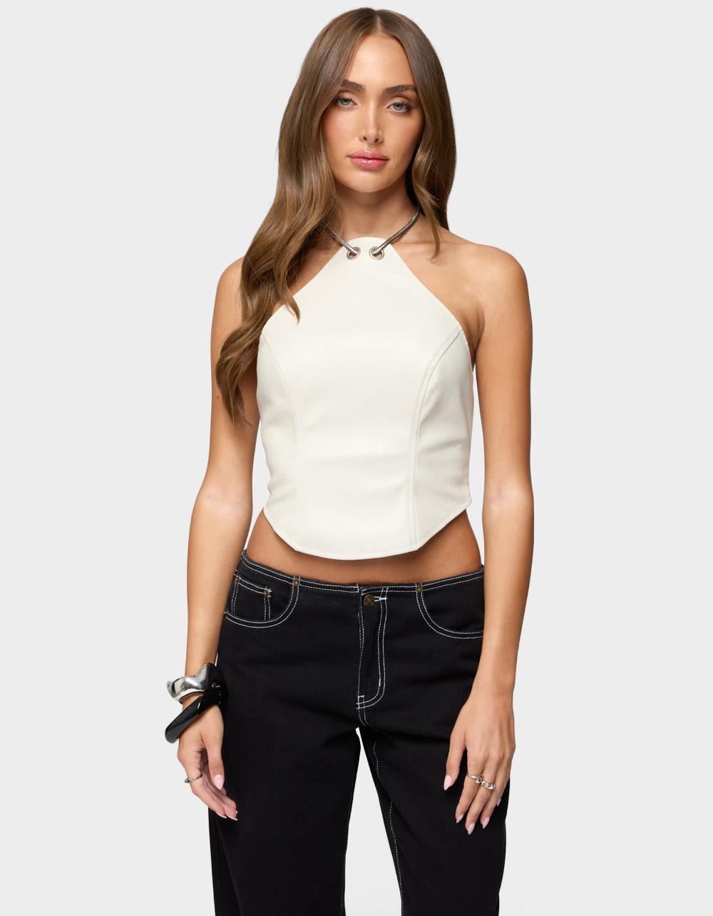 EDIKTED Kizzie Faux Leather Halter Top - WHITE