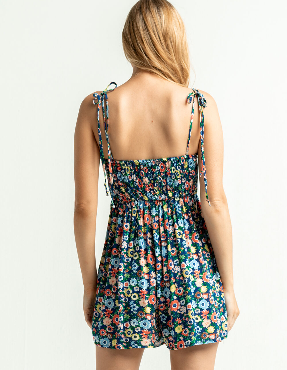 TIMING Ditsy Smocked Womens Blue Combo Romper BLUCO Tillys