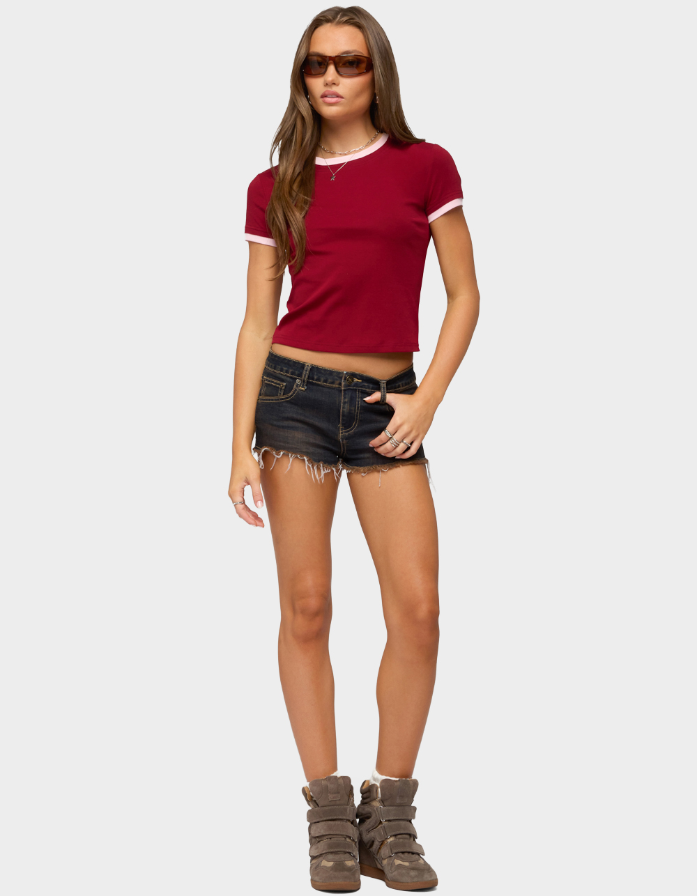 EDIKTED Opaline Contrast Tee - DK RED