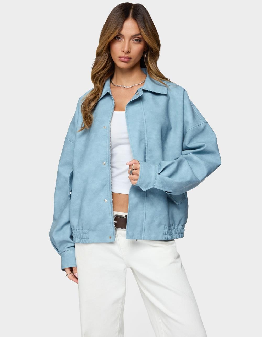 EDIKTED Oversized Washed Faux Leather Jacket - LIGHT BLUE