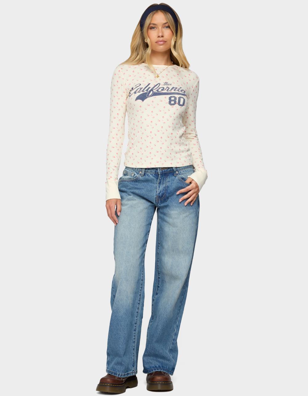 EDIKTED Cali Floral Ribbed Long Sleeve Tee - BEIGE