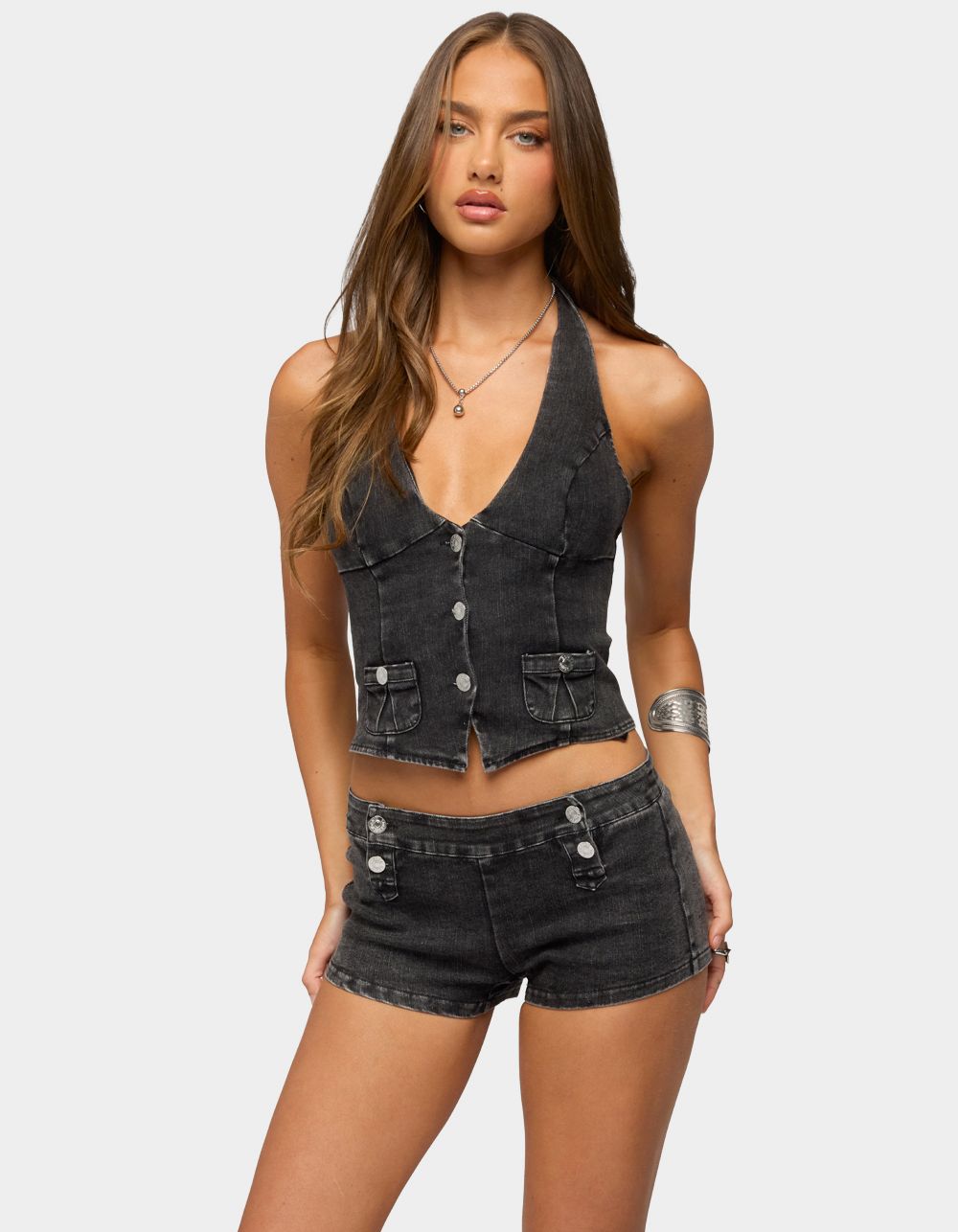 EDIKTED Sashe Button Up Denim Halter Top