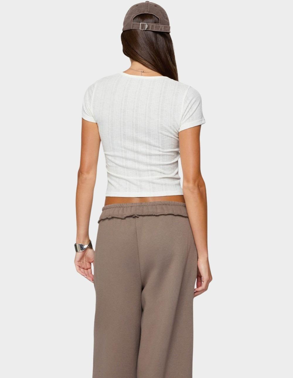 EDIKTED Semi Sheer Ribbed V-Neck Tee - WHITE