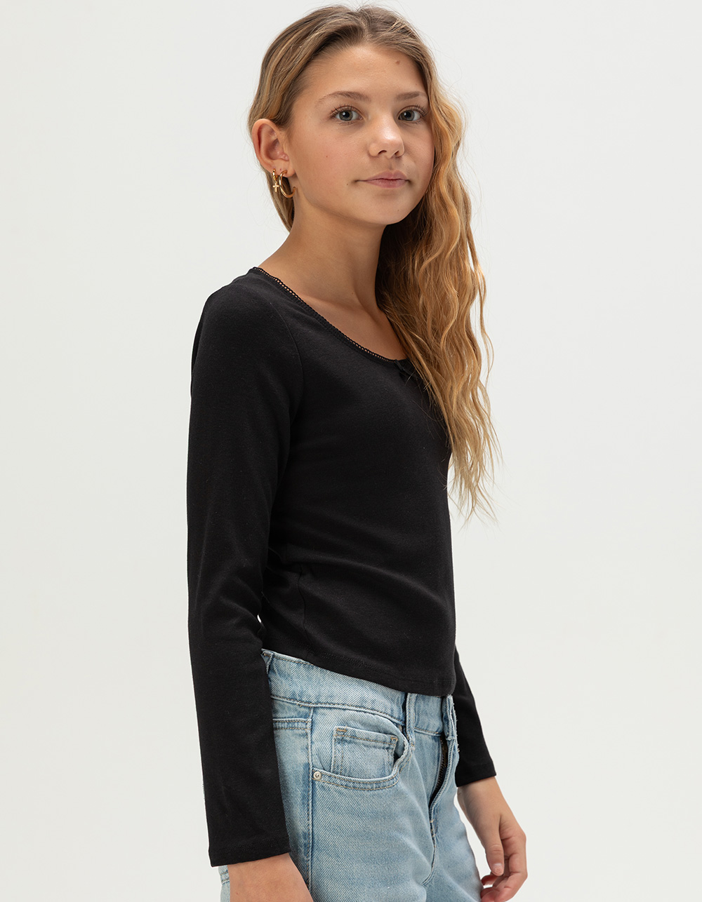 FULL TILT Bow Trim Girls Long Sleeve Tee