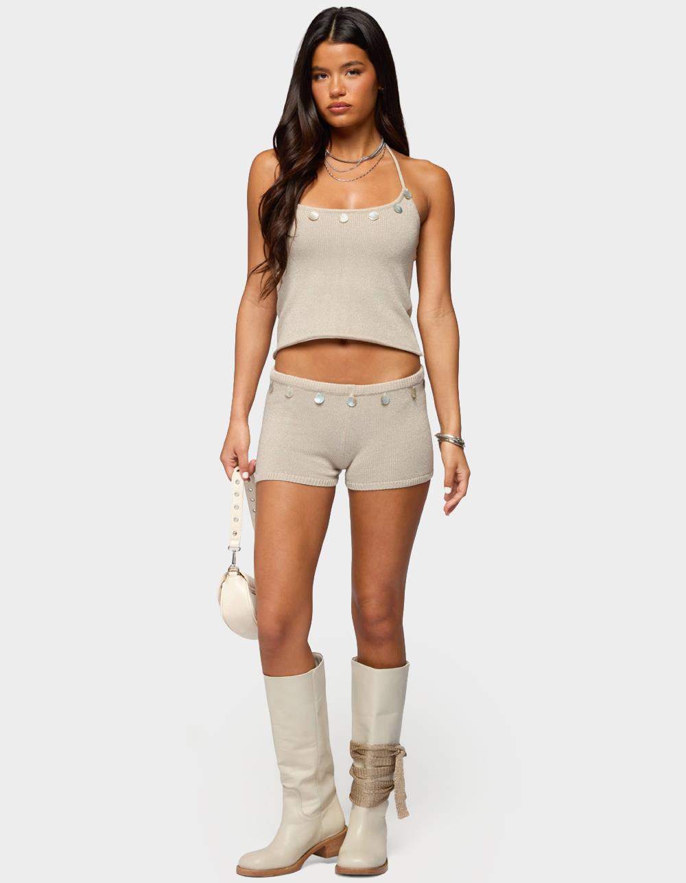 EDIKTED Nicca Iridescent Knit Shorts - BEIGE
