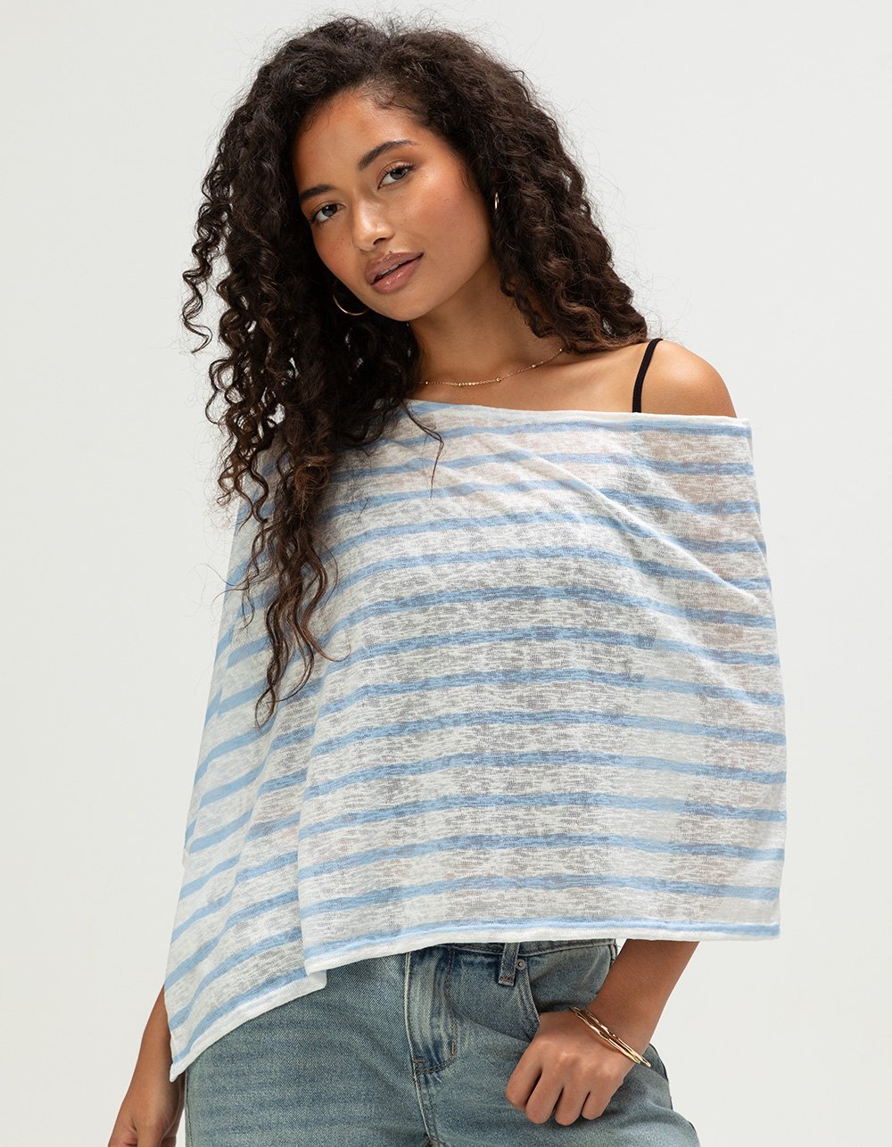 FULL TILT Womens Off The Shoulder Stripe Poncho - BLUE/WHT