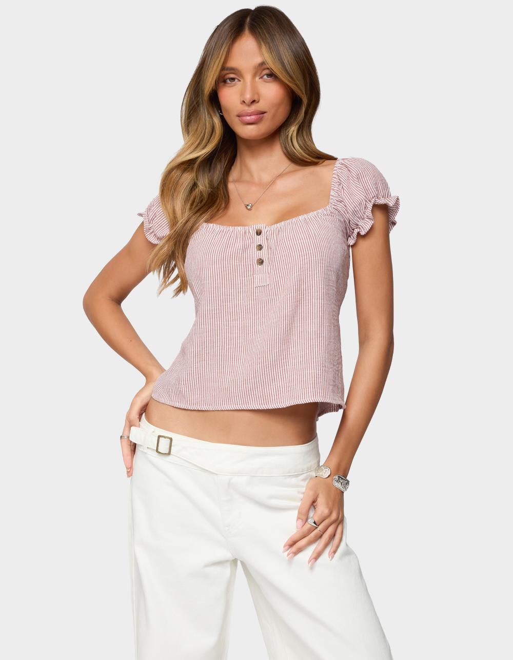 EDIKTED Rhory Pinstripe Babydoll Top - DK RED