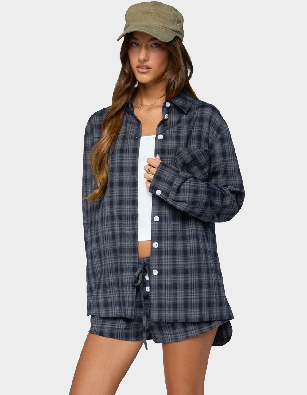 EDIKTED Alessa Plaid Button Up Long Sleeve Top - DARK BLUE