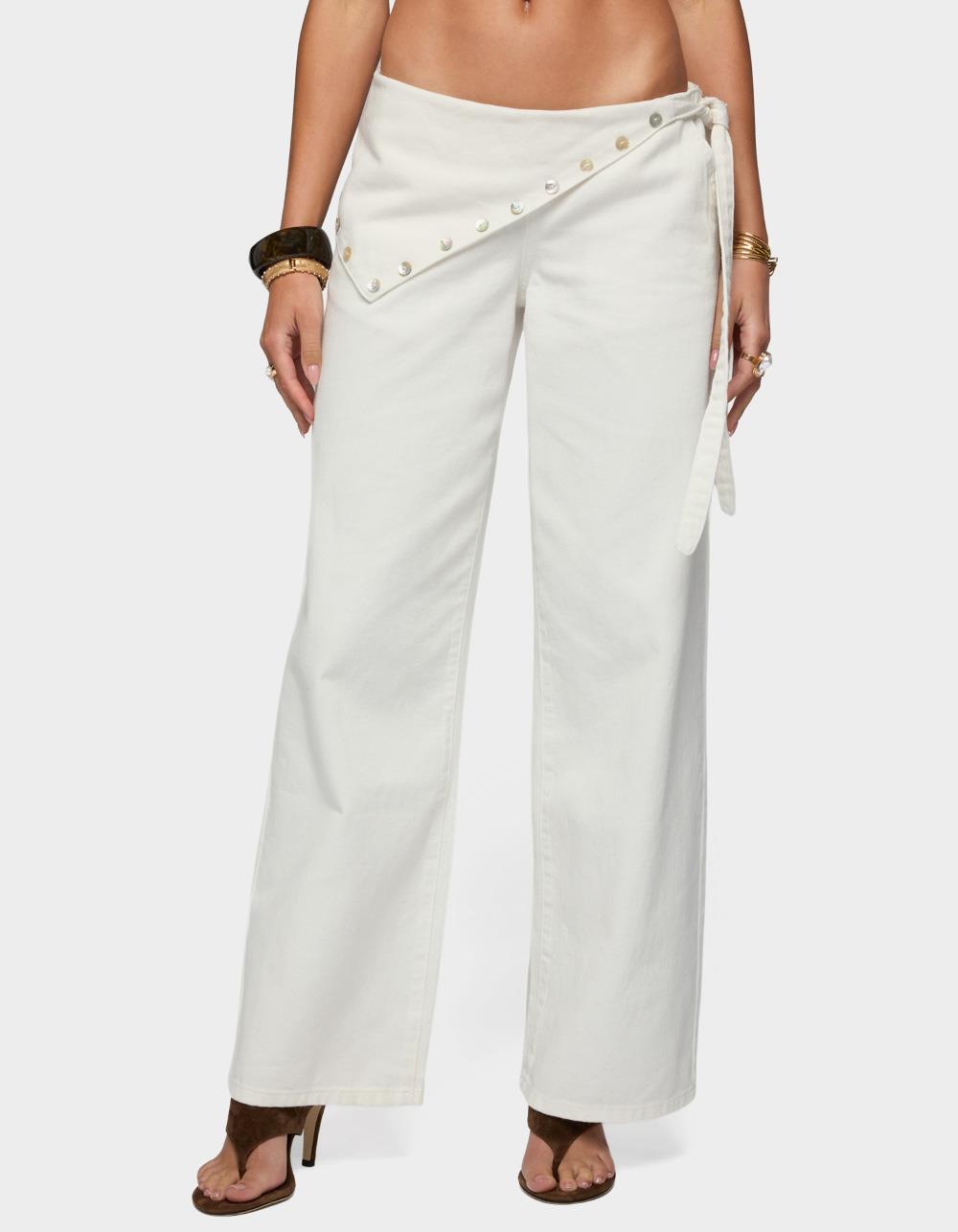 EDIKTED Button Foldover Low Rise Baggy Jeans - WHITE