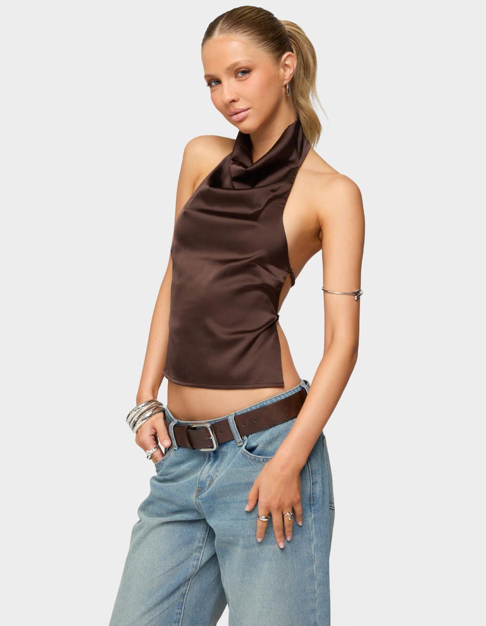 EDIKTED Satin Effect Backless Cowl Neck Top - BROWN