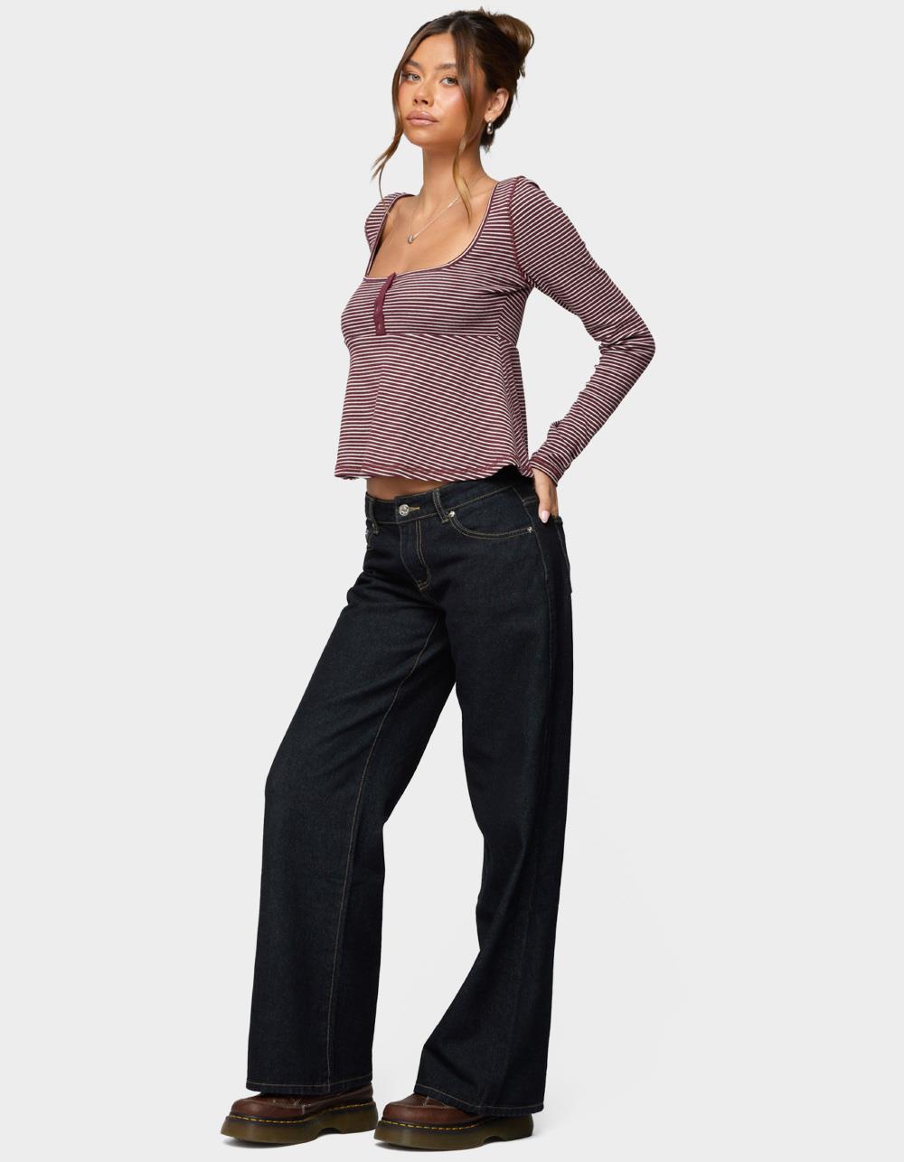 EDIKTED Sare Striped Babydoll Henley Top - DK RED