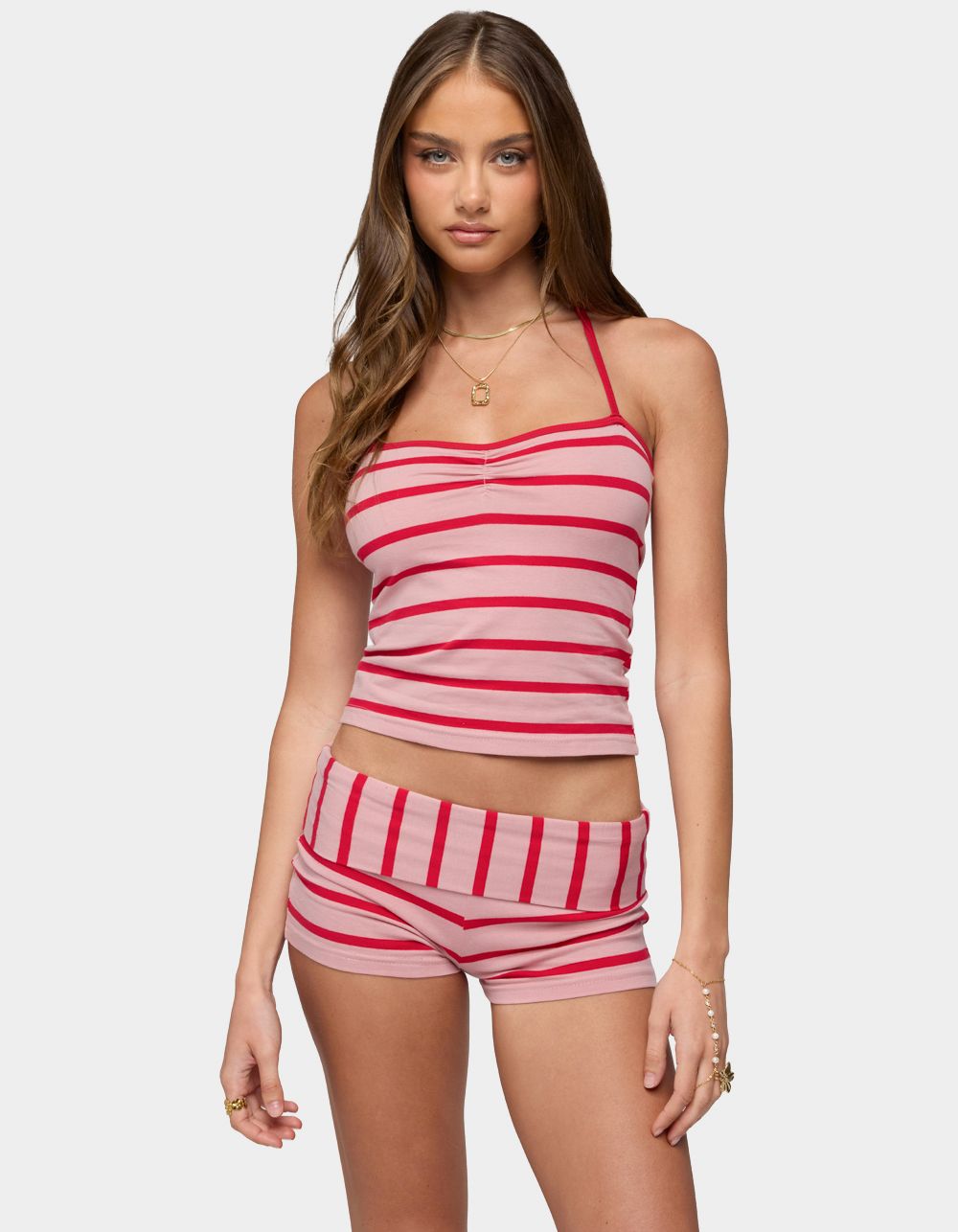 EDIKTED Lorenza Striped Halter Top - RED