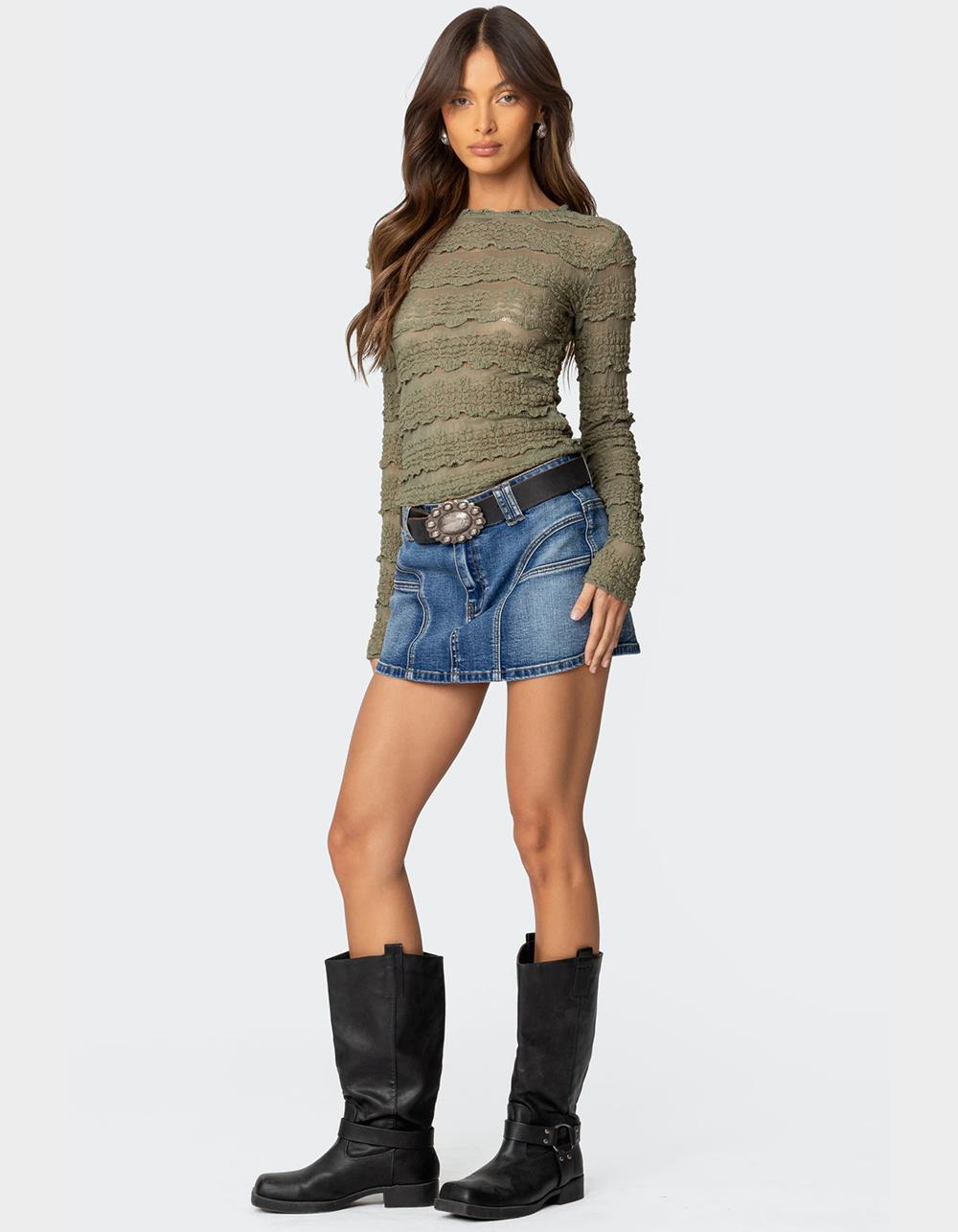 EDIKTED Daisey Textured Sheer Lace Top - DK GREEN