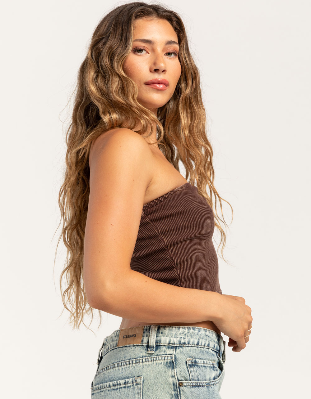 RSQ Womens Washed Cinch Tube Top - BROWN