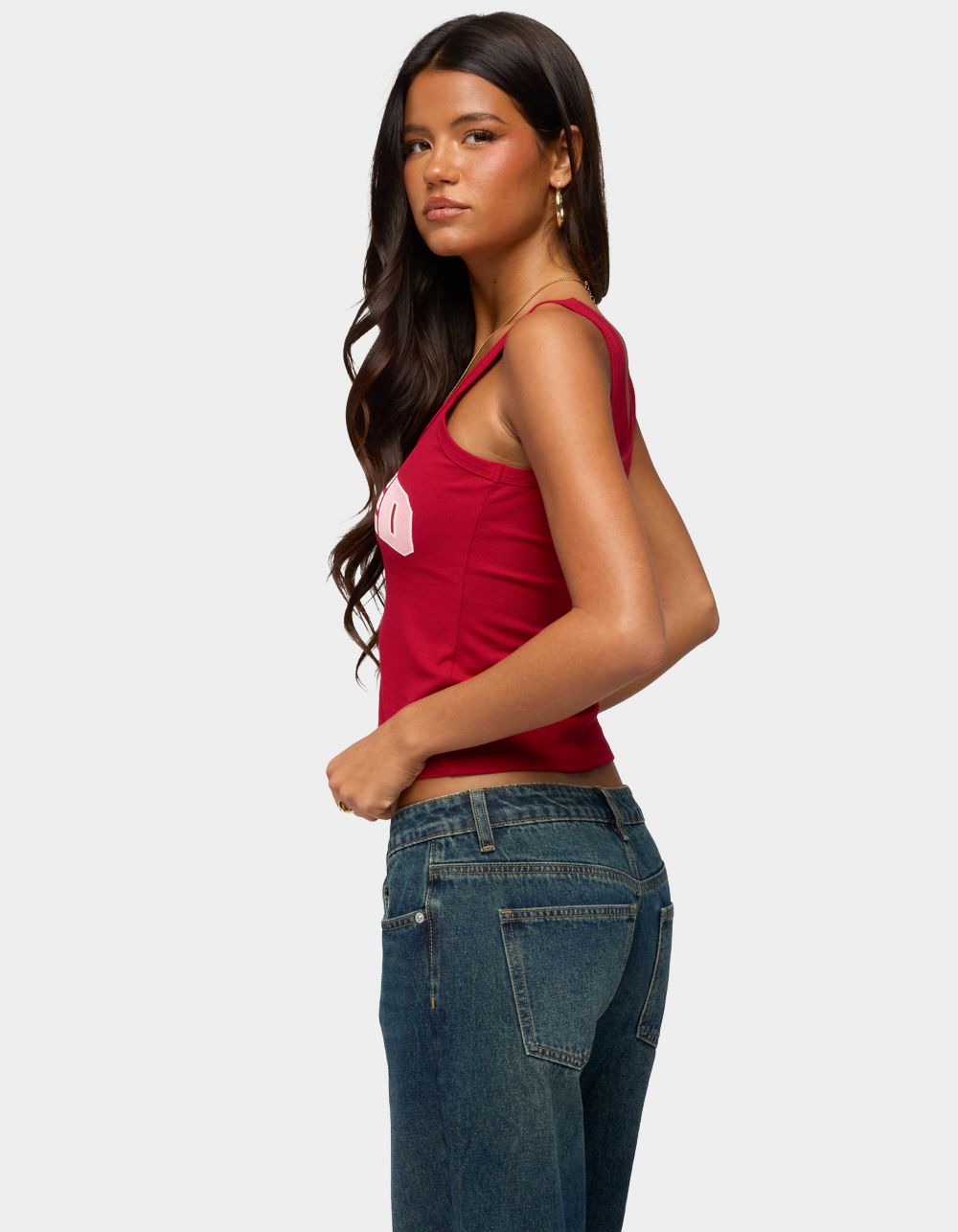 EDIKTED Girly Ribbed Tank Top - DK RED