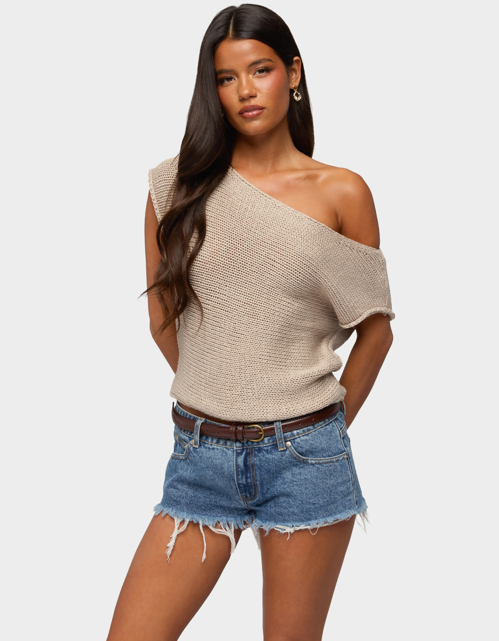 EDIKTED Naamo Off Shoulder Knit Top - BEIGE