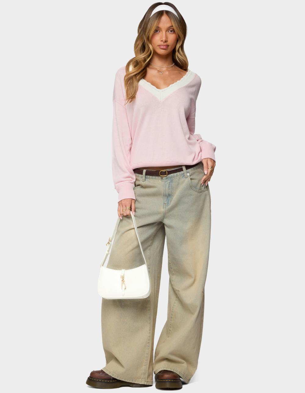 EDIKTED Marie Contrast Lacey V-Neck Sweater - LIGHT PINK