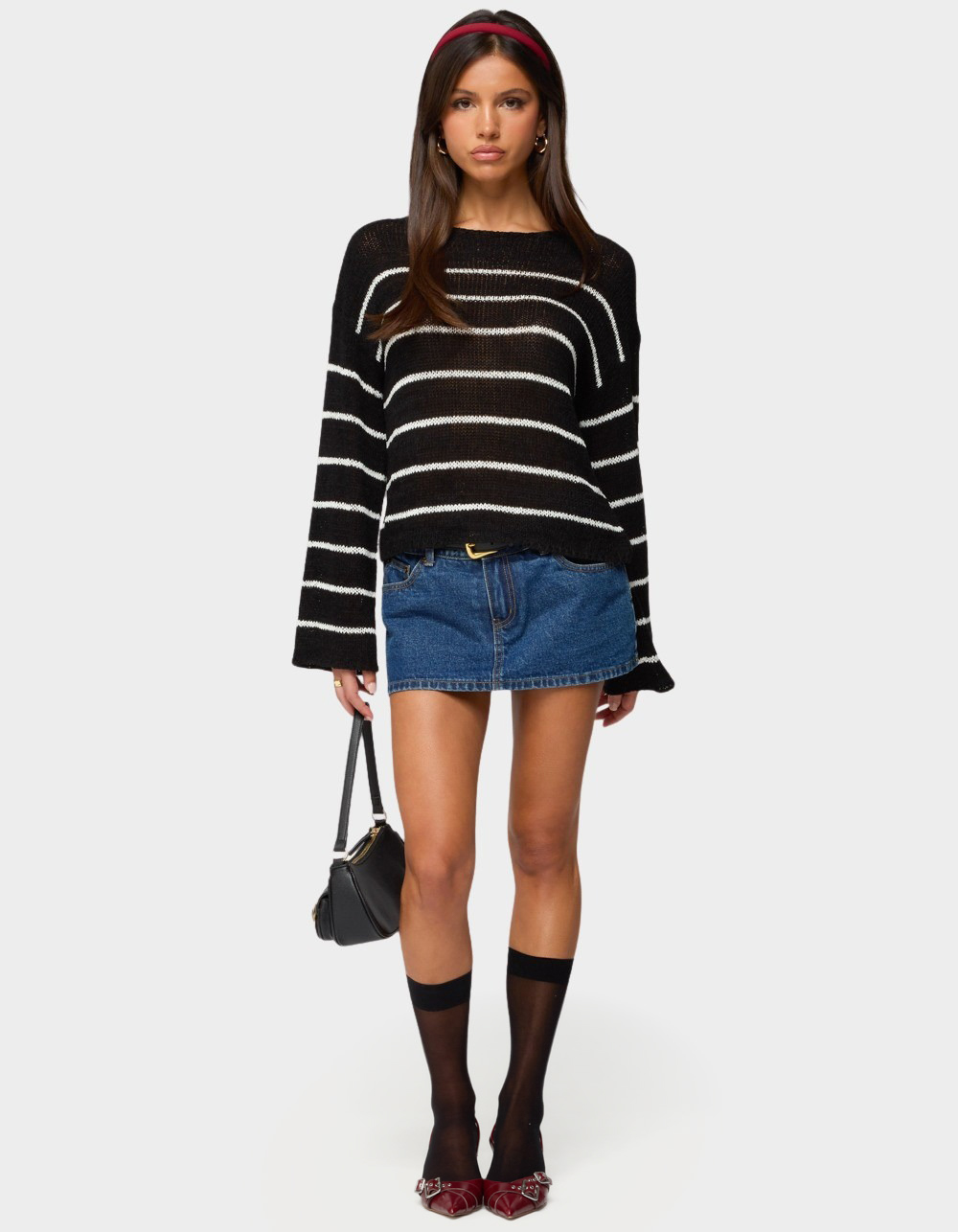 EDIKTED Striped Drop Shoulder Light Knit Sweater - BLACK