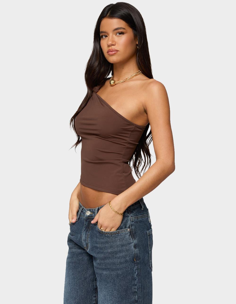EDIKTED Knotted One Shoulder Asymmetric Top - DARK BROWN