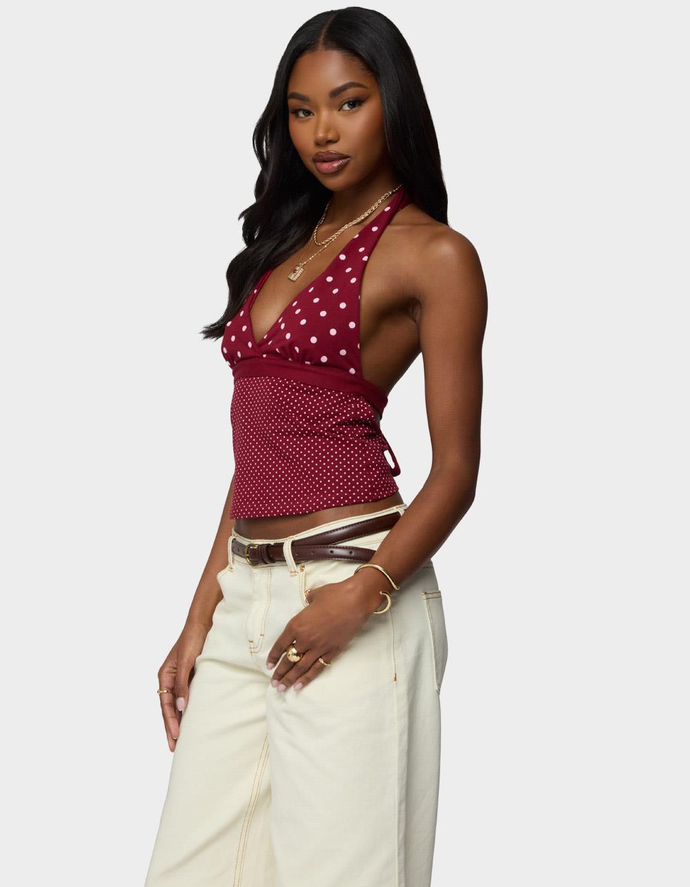 EDIKTED Ginny Mixed Polka Dot Halter Top - DK RED
