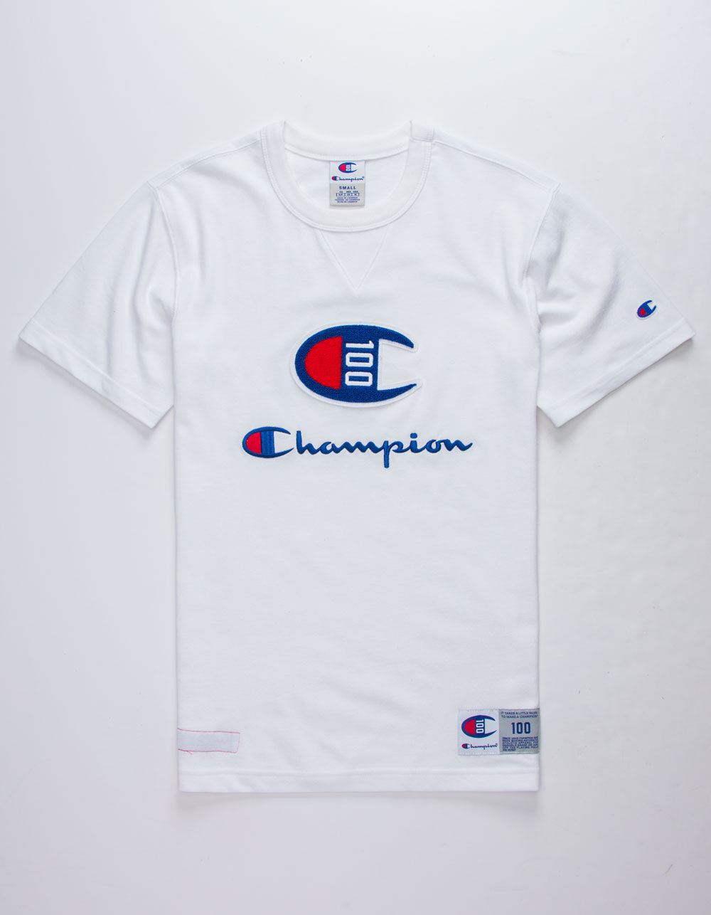 CHAMPION Century Collection C100 Chenille Logo White Mens T-Shirt ...