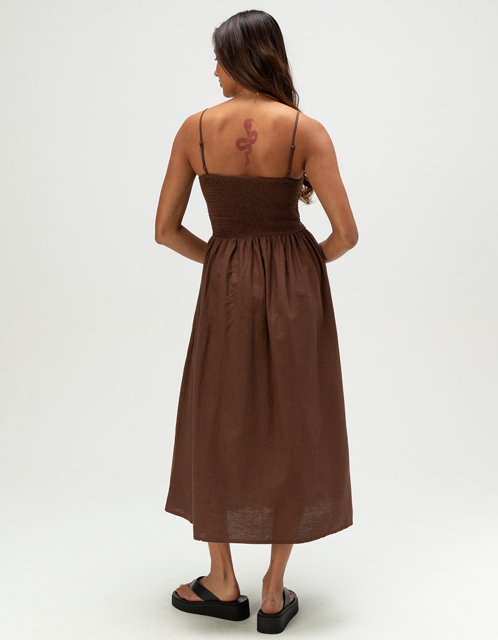 PATRONS OF PEACE Smocked Womens Midi Dress - BROWN