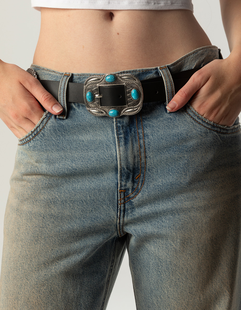 Faux Turquoise Concho Western Belt - BLACK