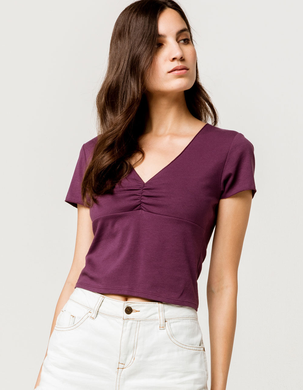 IVY & MAIN Cinched V-Neck Plum Womens Crop Tee image number 0