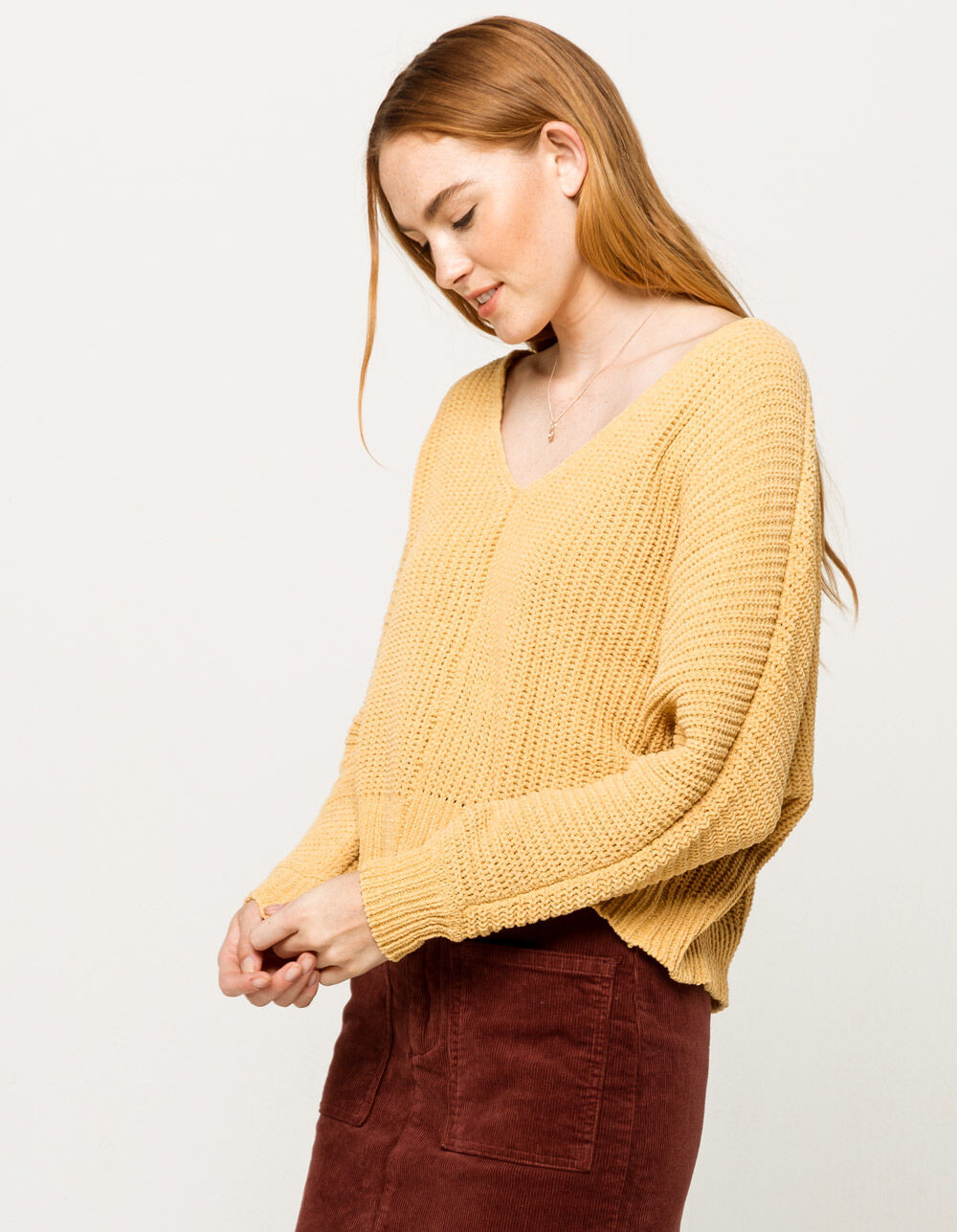 SKY AND SPARROW Matte Chenille V-Neck Yellow Womens Dolman Sweater image number 2