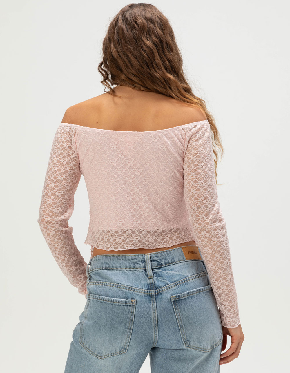 FULL TILT Womens Long Sleeve Lace Cinch Top - PINK