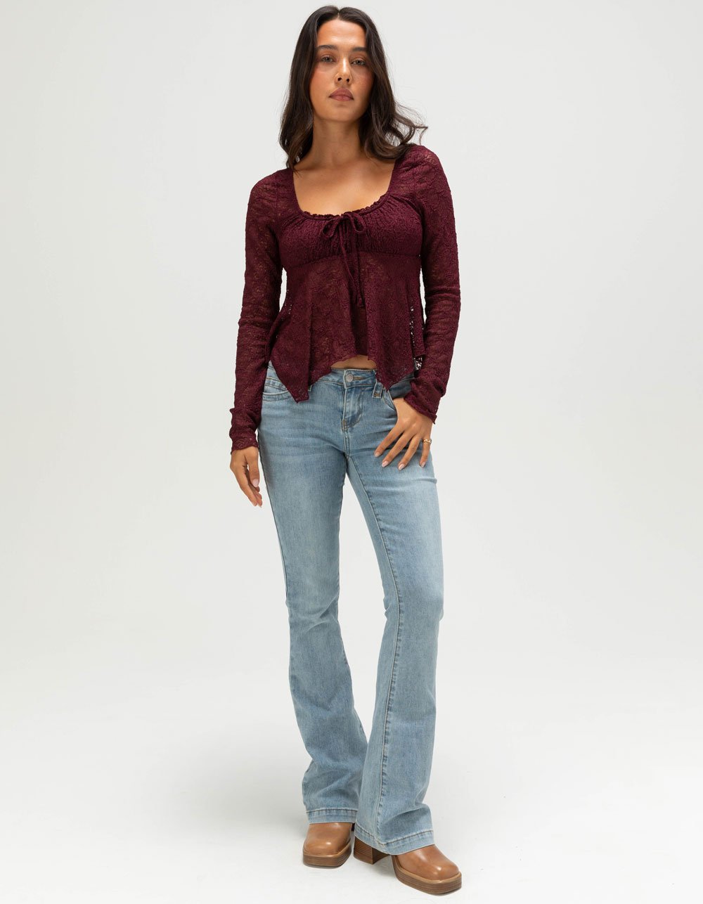 FULL TILT Lace Womens Babydoll Top - BURGUNDY