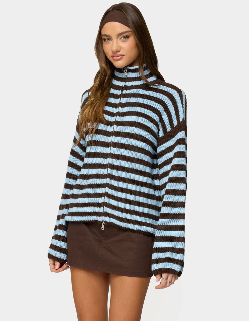 EDIKTED High Neck Striped Zip Up Sweater - BROWN
