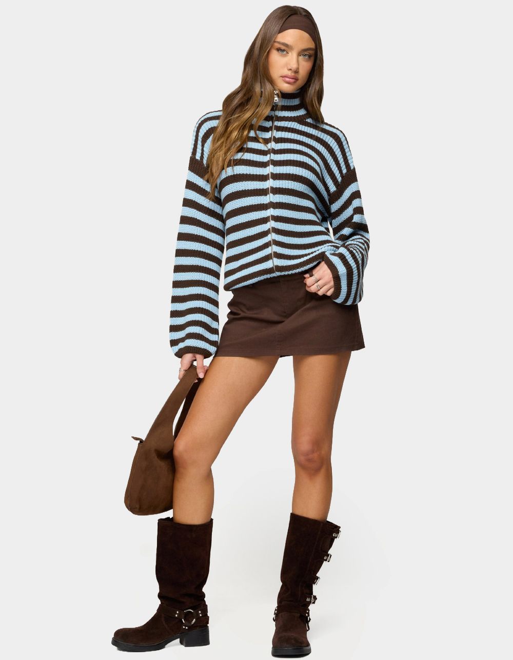 EDIKTED High Neck Striped Zip Up Sweater - BROWN