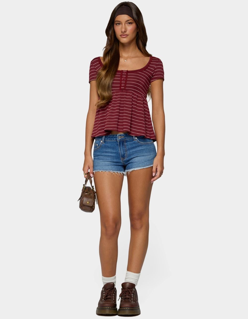EDIKTED Jina Lacey Striped Babydoll Henley Top - DK RED