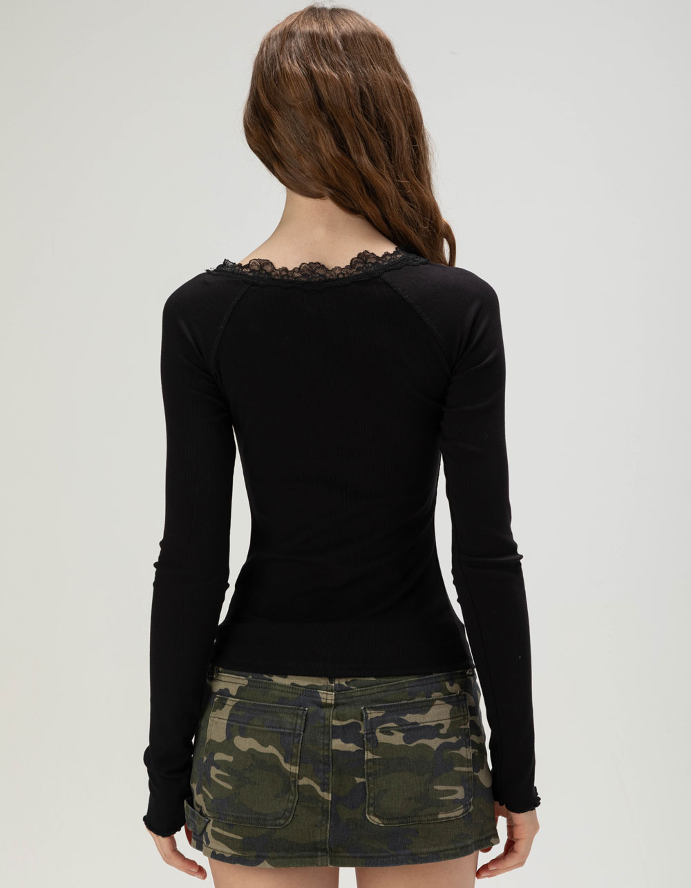 LOVE TREE Womens Lace Trim Long Sleeve Henley Top