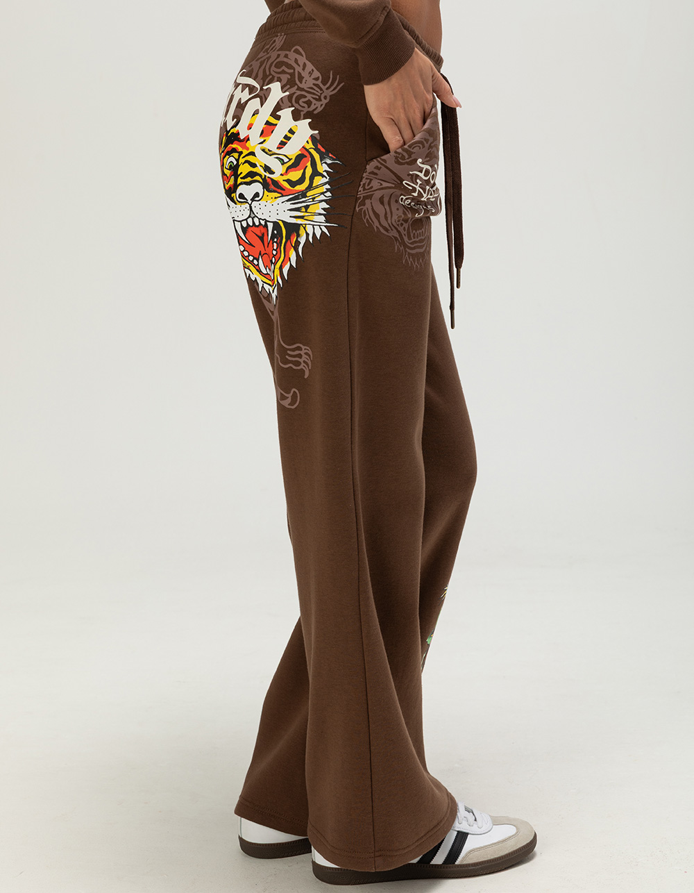 ED HARDY Tiger Rose Womens Wide Leg Sweatpants - BROWN