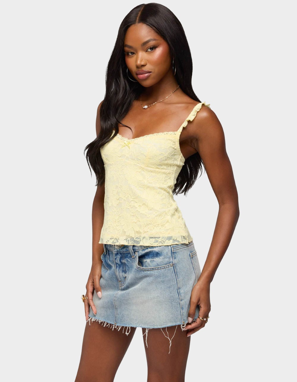 EDIKTED Frankie Lace Babydoll Tank Top - LT YELLOW