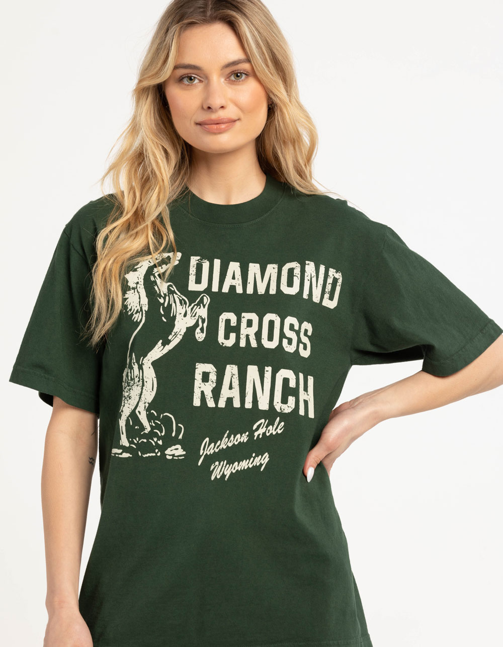 DIAMOND CROSS RANCH Rear Up Womens Oversized Tee - DK GREEN