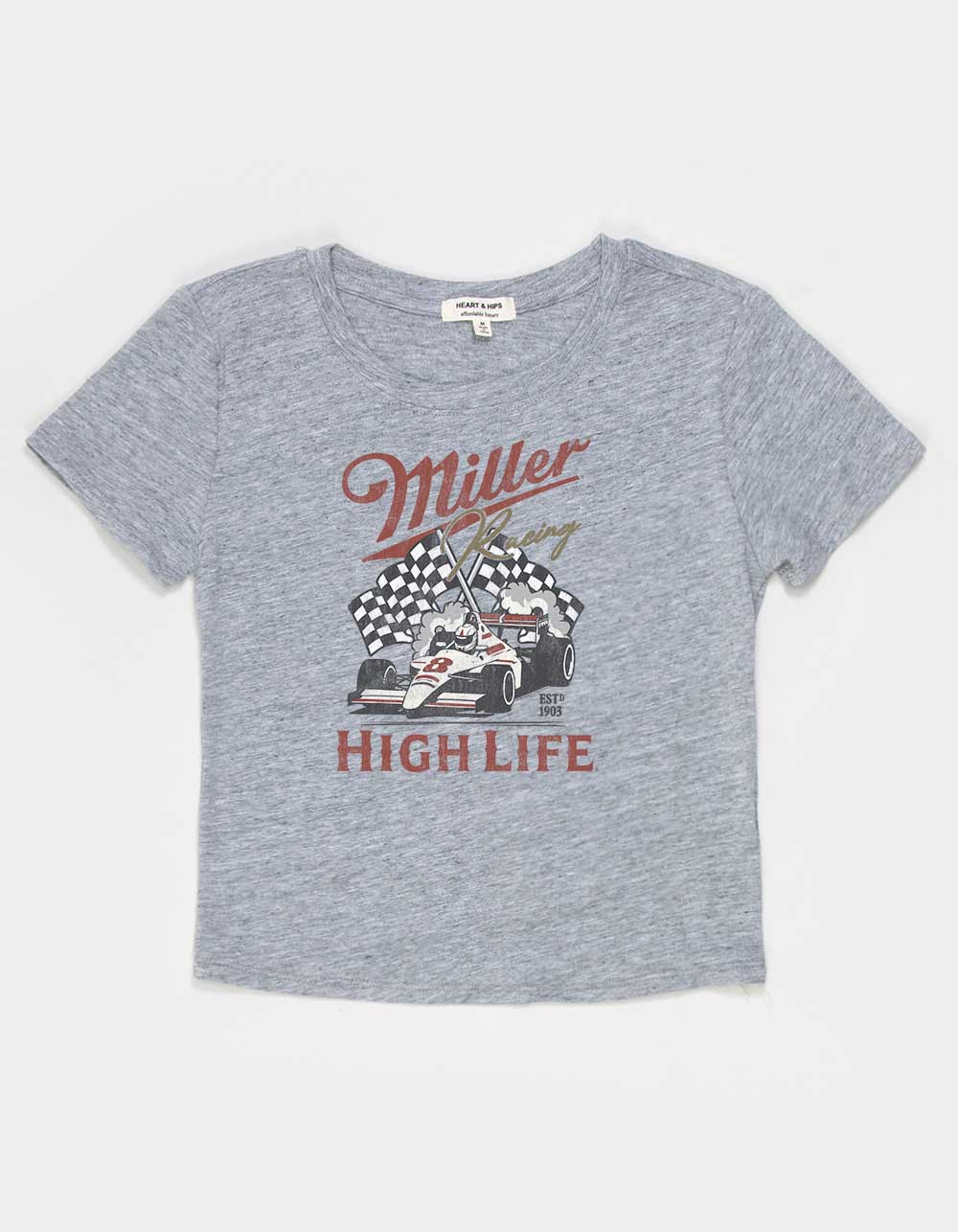 MILLER HIGH LIFE Racing Distressed Womens Baby Tee - HEATHER GRAY