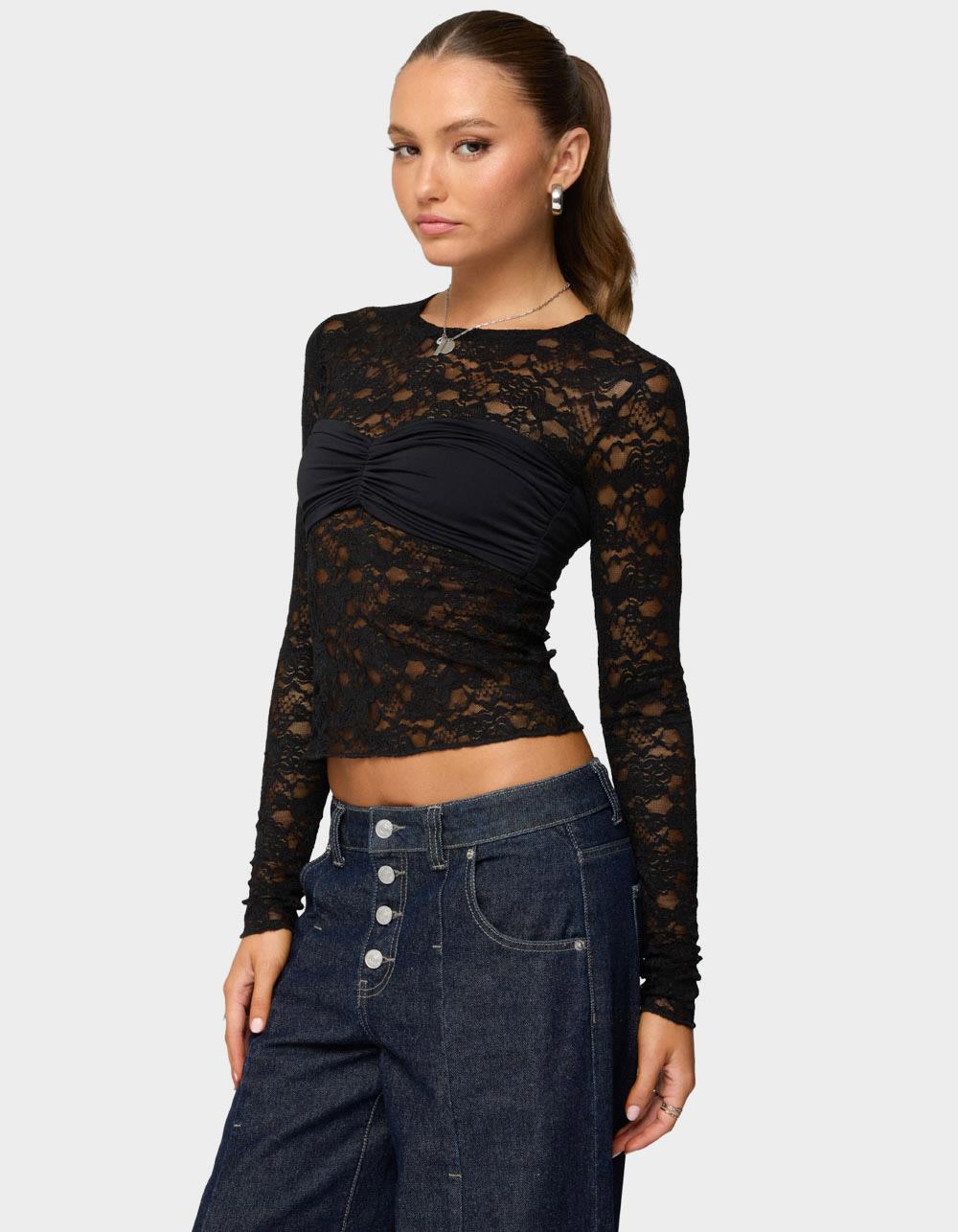 EDIKTED Rosette Bandeau Sheer Lace Top - BLACK