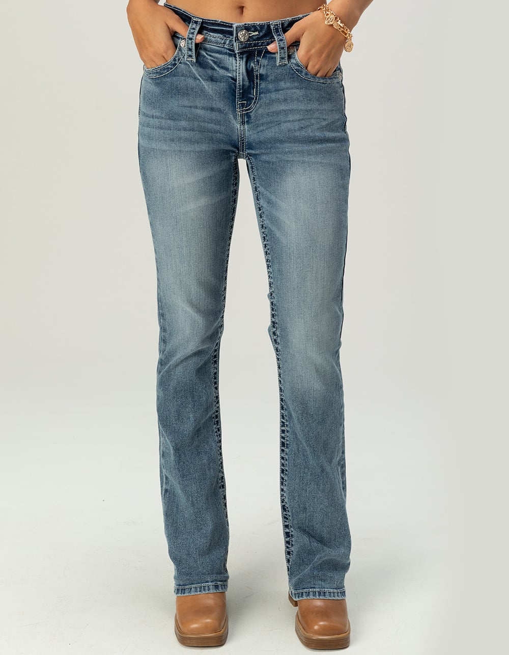 MISS ME Border Pocket Womens Mid Rise Bootcut Jeans - MEDIUM WASH